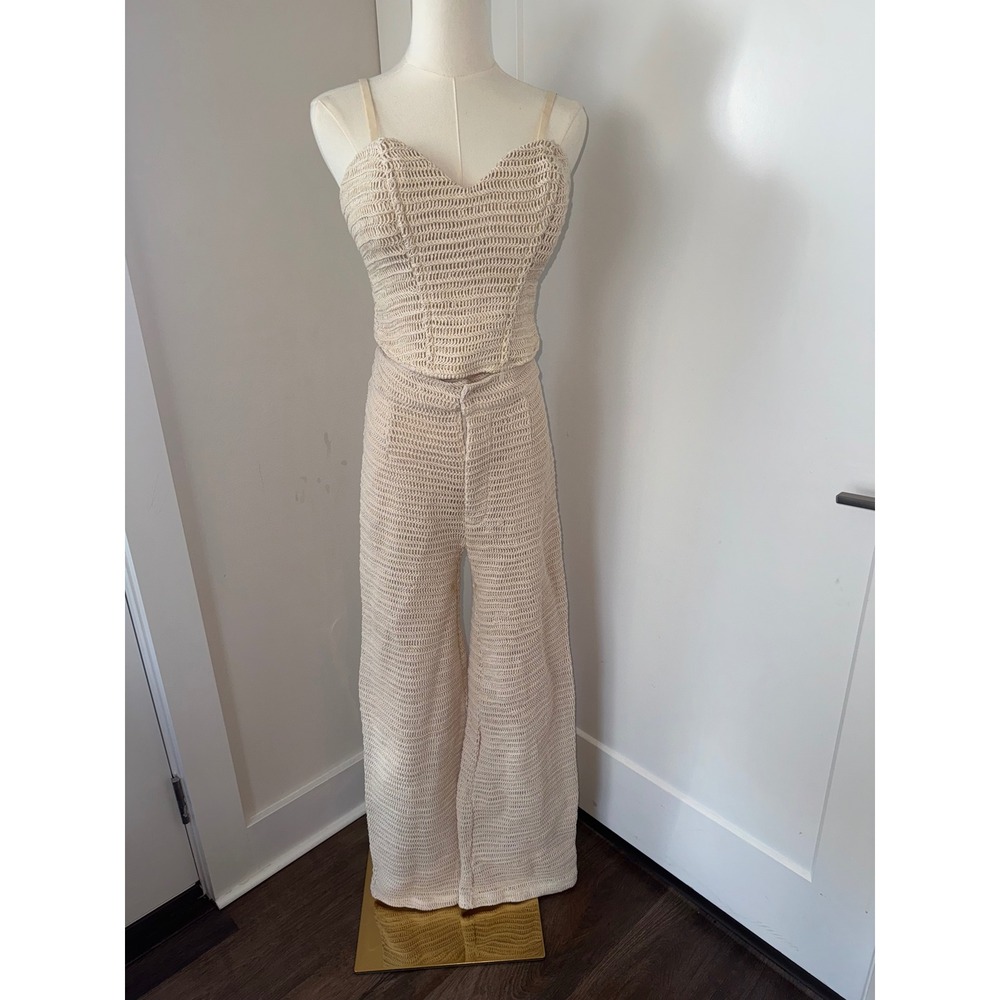 JLUXLABEL Beige Crochet Knit Bustier Wide Leg Pants Set M - Picture 2 of 8
